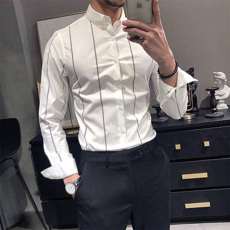 长袖衬衫男士秋秋季薄款高级感免烫条纹潮流男装商务休闲修身衬衣