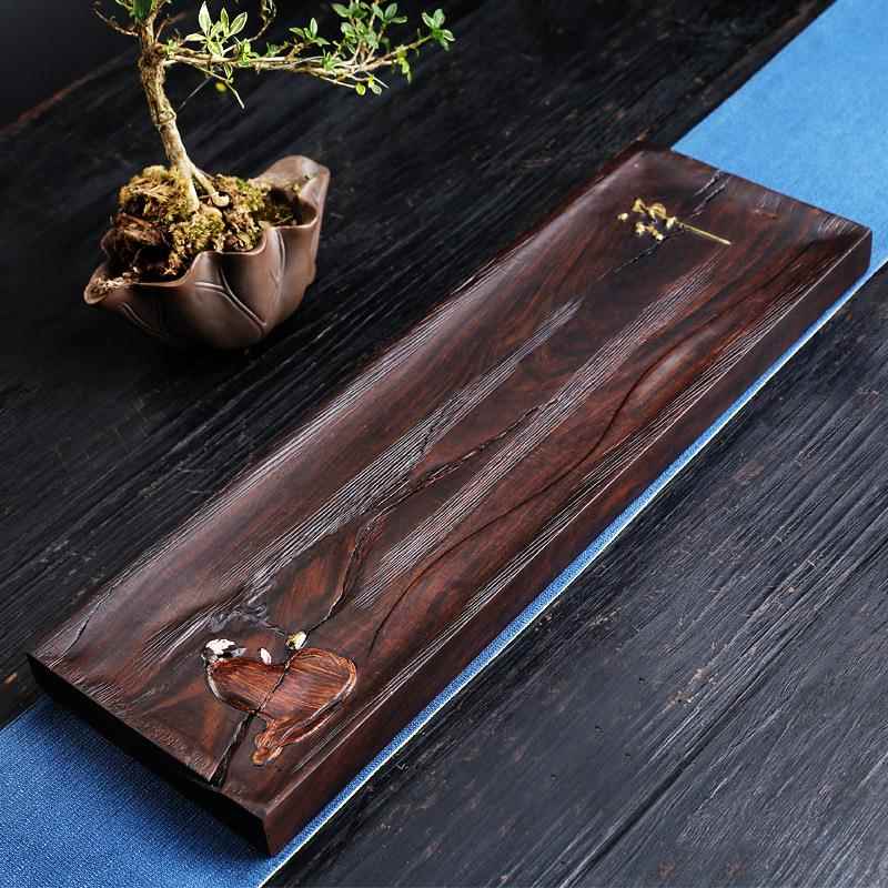 黑檀木茶盘彩绘手绘干泡台整块实木原木托盘壶承简约复古风小茶台