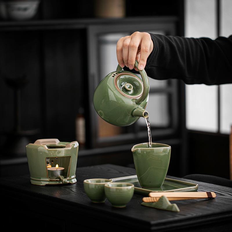 复古青瓷提梁壶温茶炉蜡烛加热底座餐厅酒店花茶壶暖茶炉茶具套装