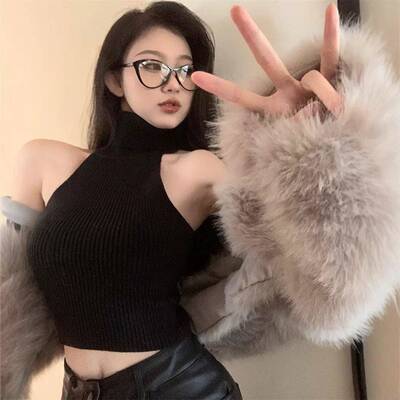 Solid Color Turtleneck Ribbed Tank Top Elegant Fashion