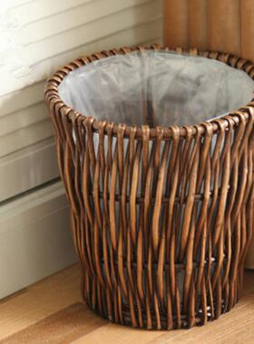 Retro Rattan Trash Can Living Room Paper Bas Kitchen Garbage