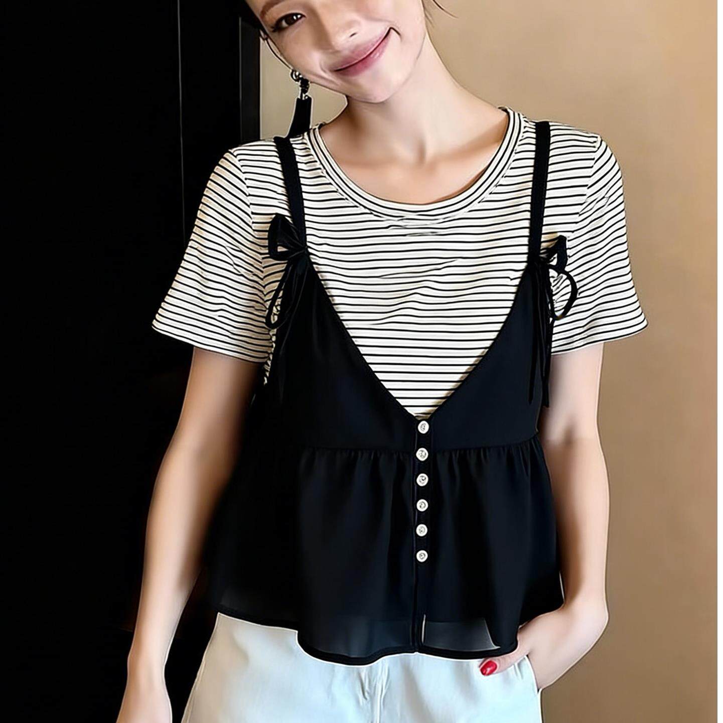 潮牌时尚韩系通勤圆领t恤百搭叠穿吊带背心两件套时髦洋气上衣女