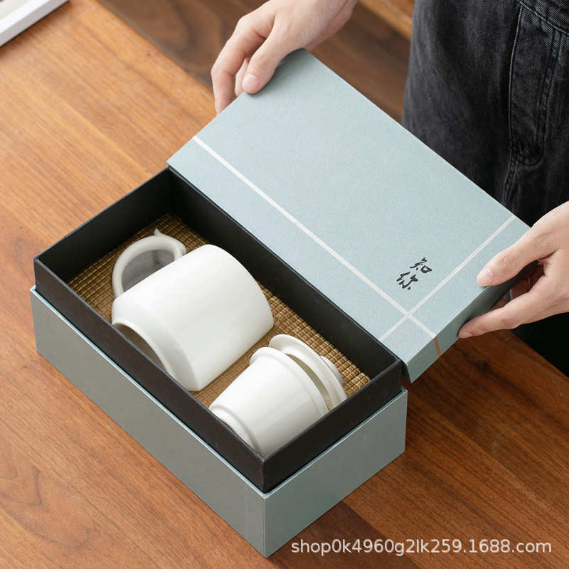 白瓷羊脂玉办公水杯茶水分离杯子公司会议杯礼品杯陶瓷杯