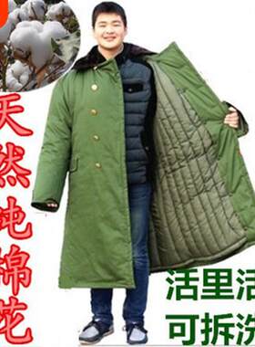 正品军大衣冬季加绒加厚保暖老式棉大衣男劳保防寒服纯棉棉花绿色