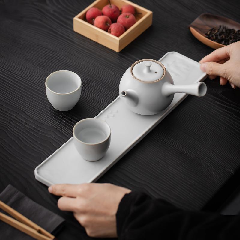复古粗陶白色干泡盘陶瓷长方茶盘中式干泡台茶台壶托壶承茶具托盘