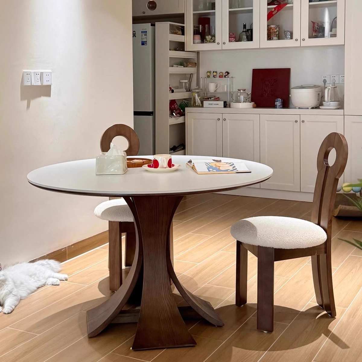 中古风实木岩板餐桌圆桌家用转盘小户型意式圆形现代饭桌简约法式