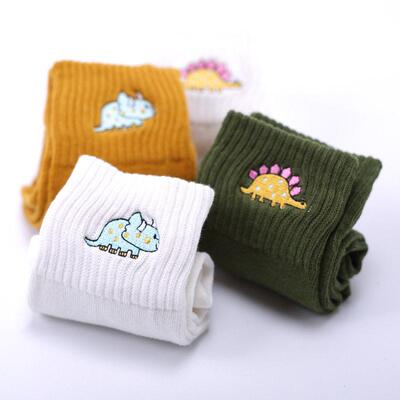 Cute Women Embroidery Dinosaur Cotton Socks white Lovely Car