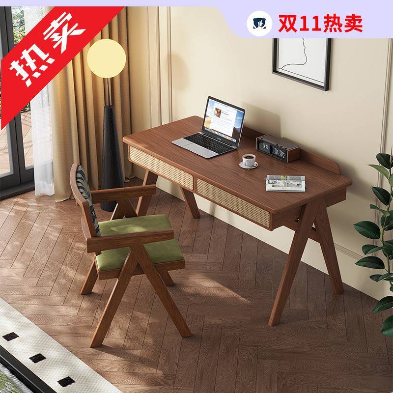 中古风实木书桌电脑家用办公桌卧室书房孩子学习桌成人写字桌