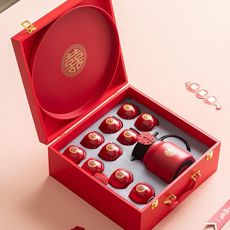 结婚茶具套组陪嫁不锈钢保温焖壶红色茶杯敬茶新婚订婚礼品送新人