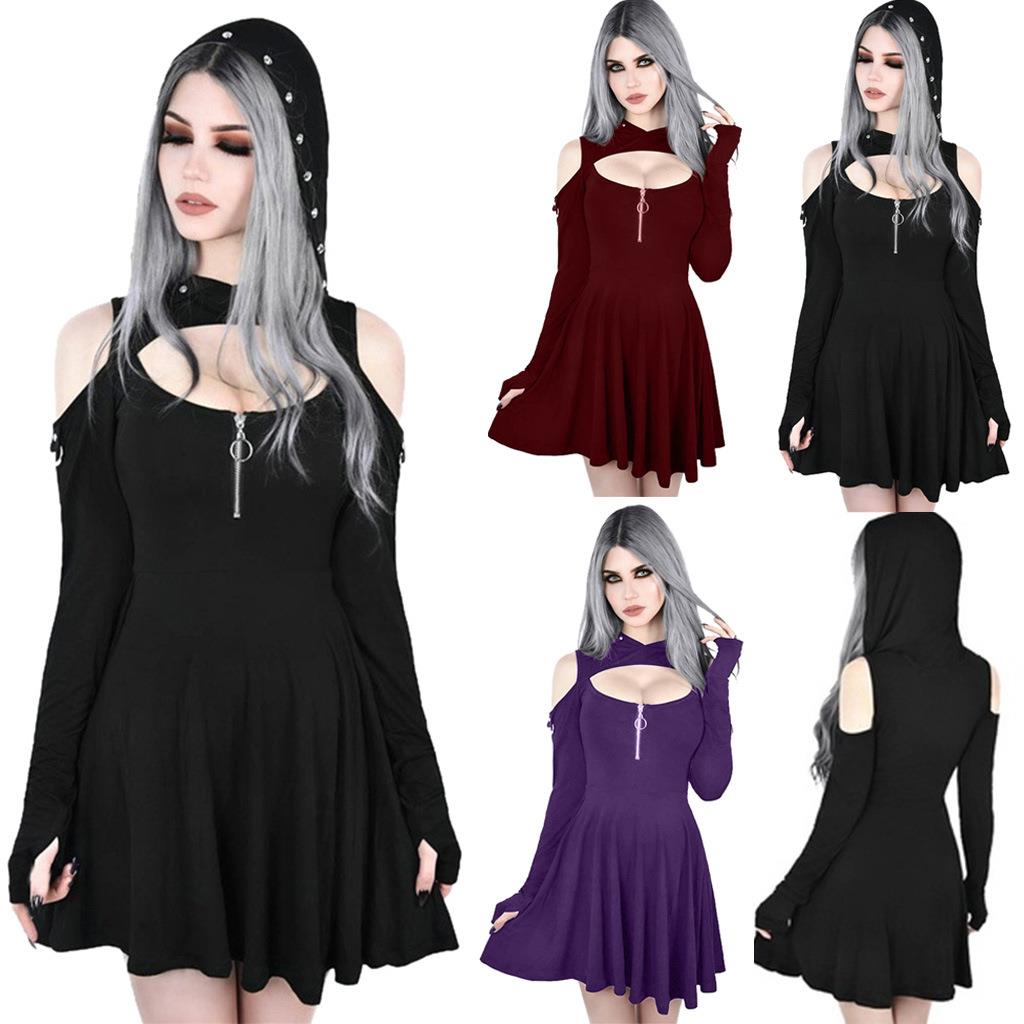Sweatshirt Dress Hooded Rivet Zipper Color Solid Style Punk