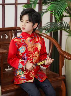 儿童亲子唐装红色拜年服中式花童礼服中国风绸缎秀禾服男童中山装