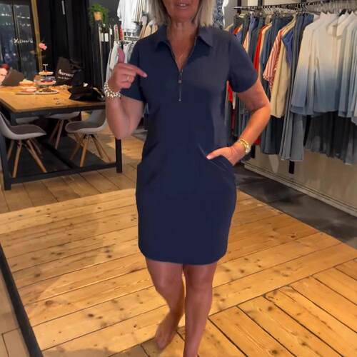 Short sleeved lapel zipper pocket dress