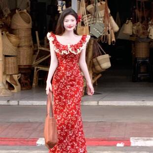 Rosselora【曼谷花事】红色碎花洋装流苏拼接荷叶边斜裁鱼尾裙
