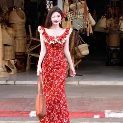 Rosselora【曼谷花事】红色碎花洋装流苏拼接荷叶边斜裁鱼尾裙