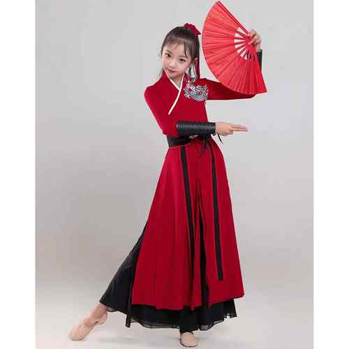 高档练儿童雪龙吟古典舞舞蹈服国古风功服套装风舞蹈服扇红色子演