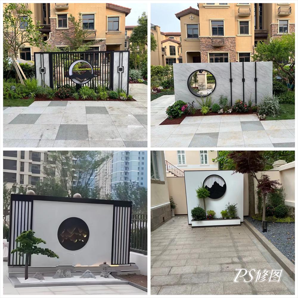 不锈钢假山圆形屏风嵌入式客厅影壁墙金属背景墙园林庭院中式玄关