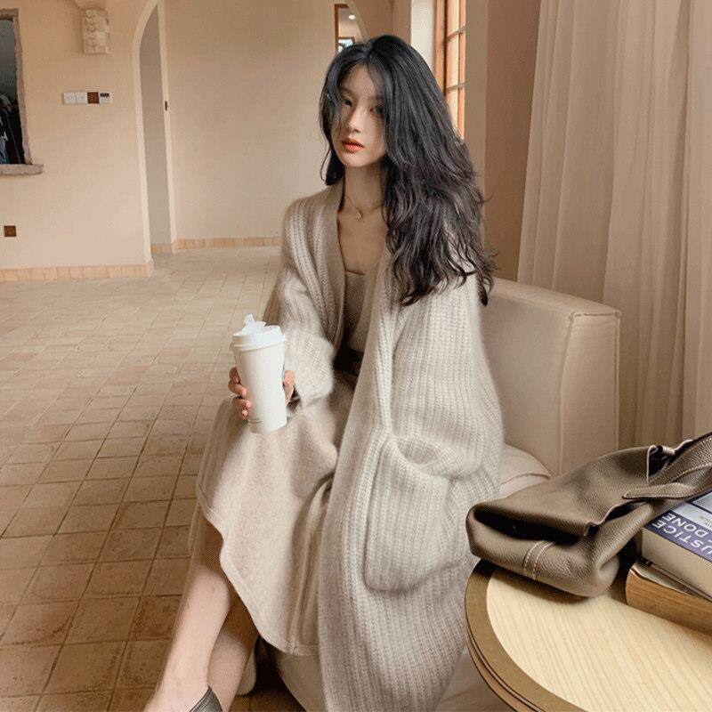 毛衣外套女2025秋冬新款宽松外搭慵懒过膝长款加厚马海毛针织开衫