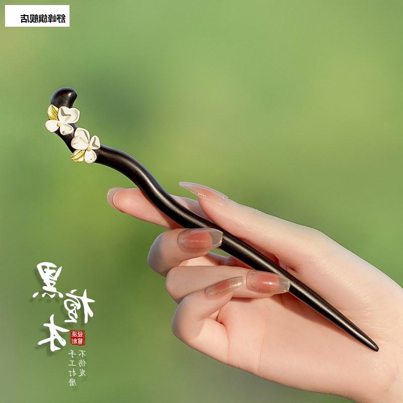 栀子花檀木发簪古风女新中式高级感发钗盘发国风簪子简约现代木簪