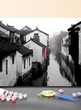 数字油画diy填充鱼米之乡手工填色烟雨江南小镇风景油彩丙烯意赛
