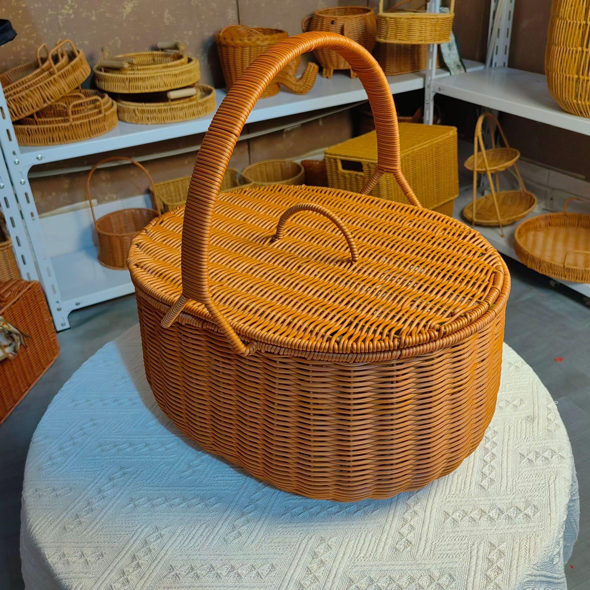 买菜手提篮春游户外野餐藤编塑料露营洗澡竹编菜篮编织篮采摘篮子