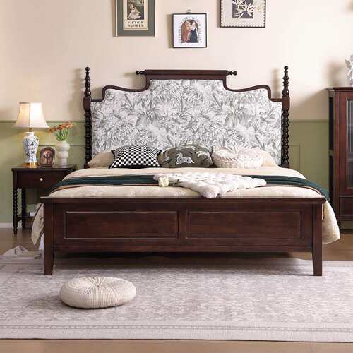 美式全实木床桃花心木双人床1.8米中古风简美复古床卧室高箱家具