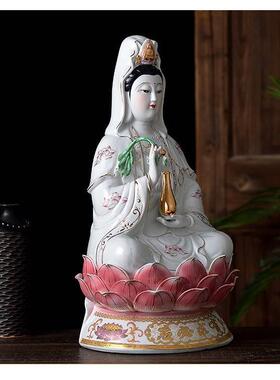 陶瓷观音菩萨家用坐莲观音佛像南海观世音菩萨莲花摆件大小的供奉