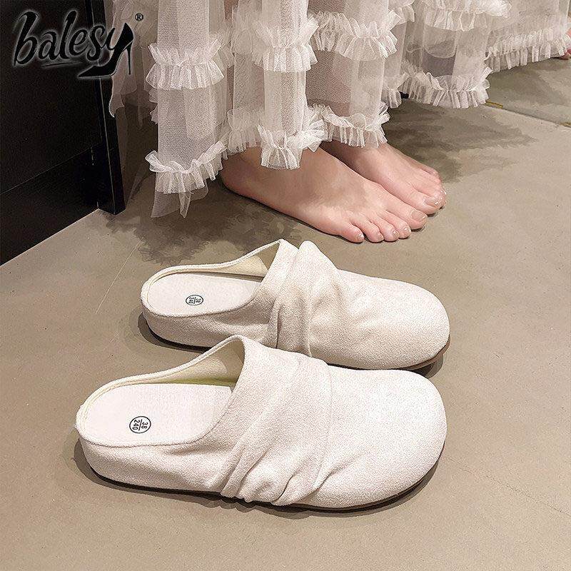 英国真皮厚底勃肯鞋女夏外穿2026新款一脚蹬褶皱增高包头半拖凉鞋