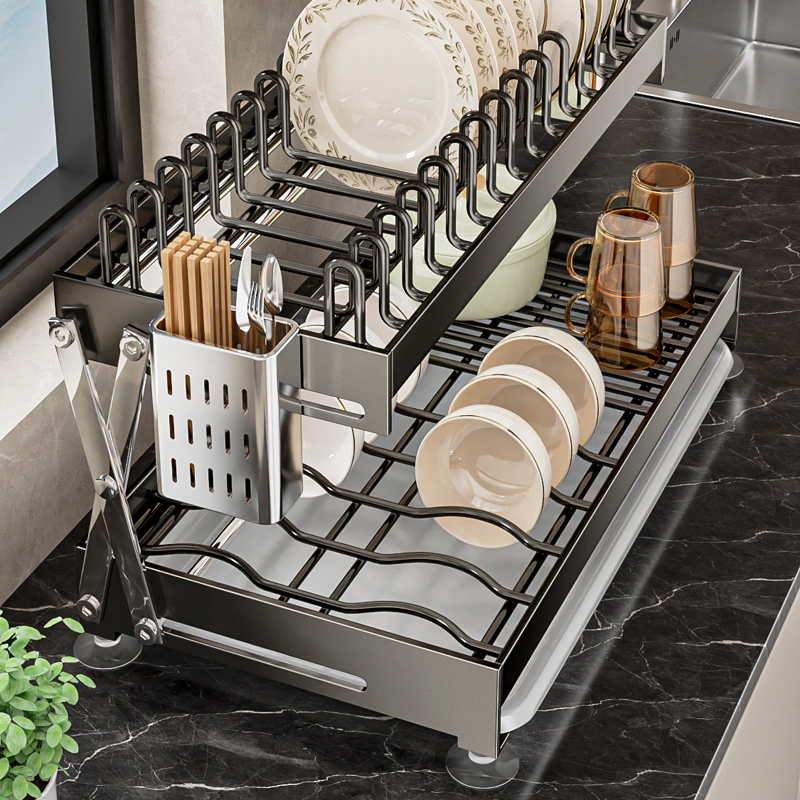 不锈钢双层厨房碗架免安装收纳置物架台面折叠沥水碗碟架子