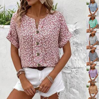 Boho Women Shirt V Neck Regular Floral Print Ruffled Sleeve