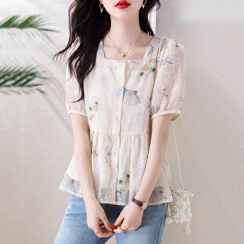 碎花短袖衬衫女夏季新款时尚设计感小众收腰遮肚印花雪纺小衫上衣