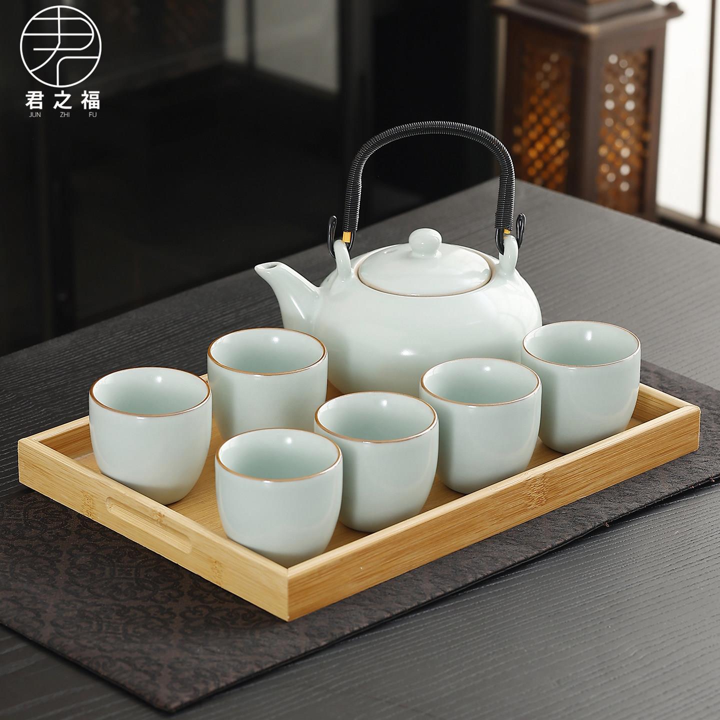 大容量开片汝窑提梁壶茶具套组陶瓷家用整套哥窑带过滤泡茶壶茶杯
