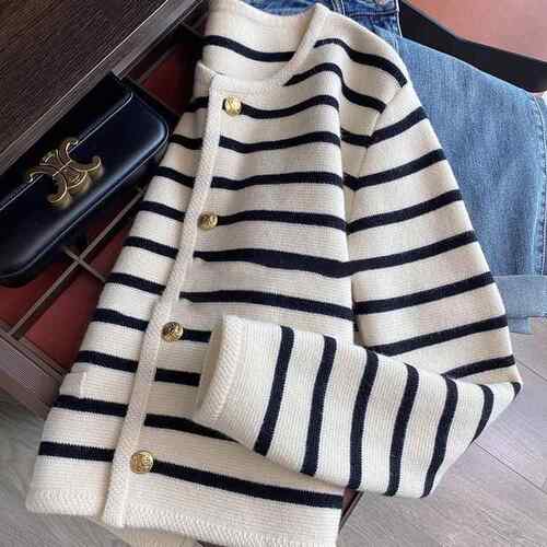 Women Striped Cardigan Sweaters Button Down Cropped Knit