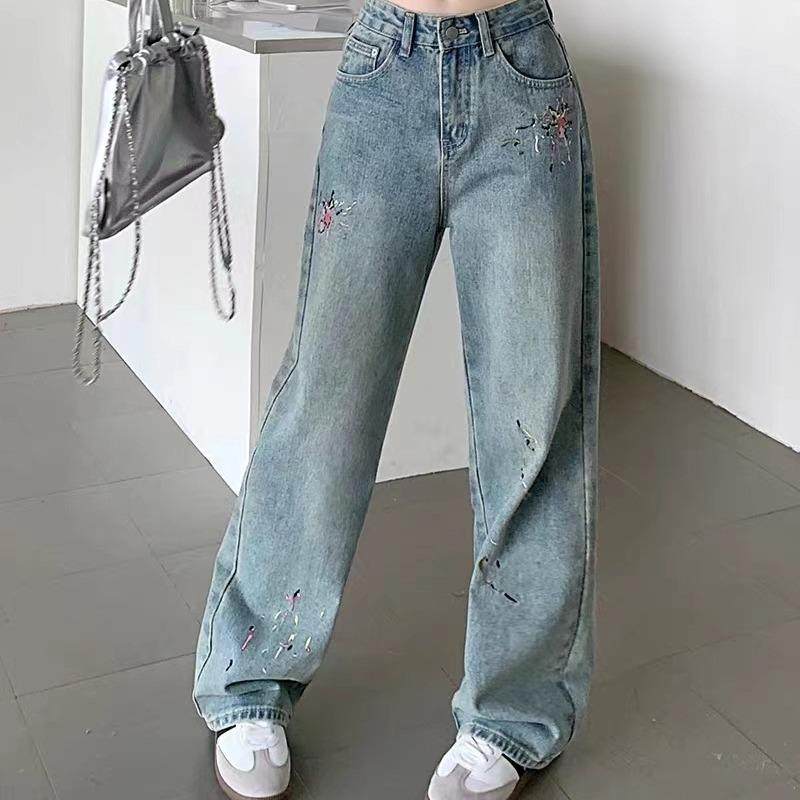 美式复古2025春季新款蓝色高街泼墨直筒牛仔裤女高腰拖地阔腿裤潮