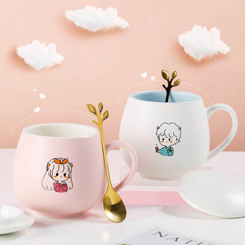 卡通陶瓷马克杯家用早餐杯牛奶杯带盖勺咖啡杯高颜值学生情侣杯子
