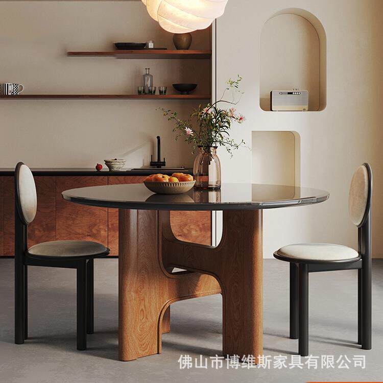 LDAD北欧中古钢化玻璃双层餐桌椅家用法式复古橡木实木圆形饭桌子