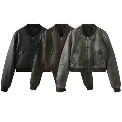 Motorcycle faux leather pilot jacket top, women's standing