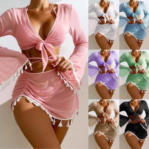 New Women's Modest Slimming 4-Piece Bikini Set Solid Color
