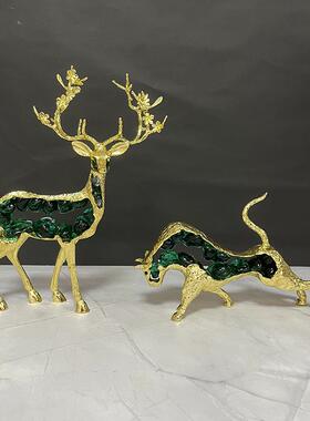 中式锌合金摆件梅花鹿金牛家居饰品玄关酒柜电视柜珐琅彩装饰摆件