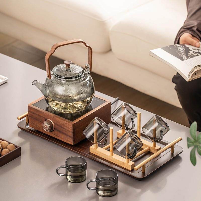 胡桃木黑晶炉煮茶器茶具套组家用玻璃煮茶壶电磁炉蒸煮一体烧水壶
