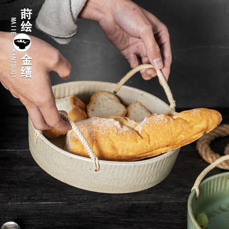 新款直销个性创意复古带麻绳托盘菜盘盘子餐盘陶瓷粗陶果盘家用餐
