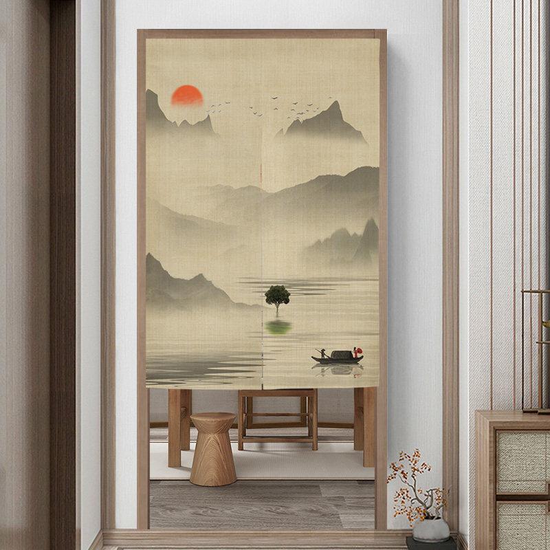 中式中国风复古山水画玄关隔断帘家用卧室免打孔厕所门帘布艺挂帘