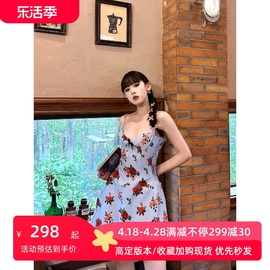 evan23aw纯欲玫瑰花朵，复古印花v领蓝色，吊带蓬蓬裙显瘦短裙连衣裙