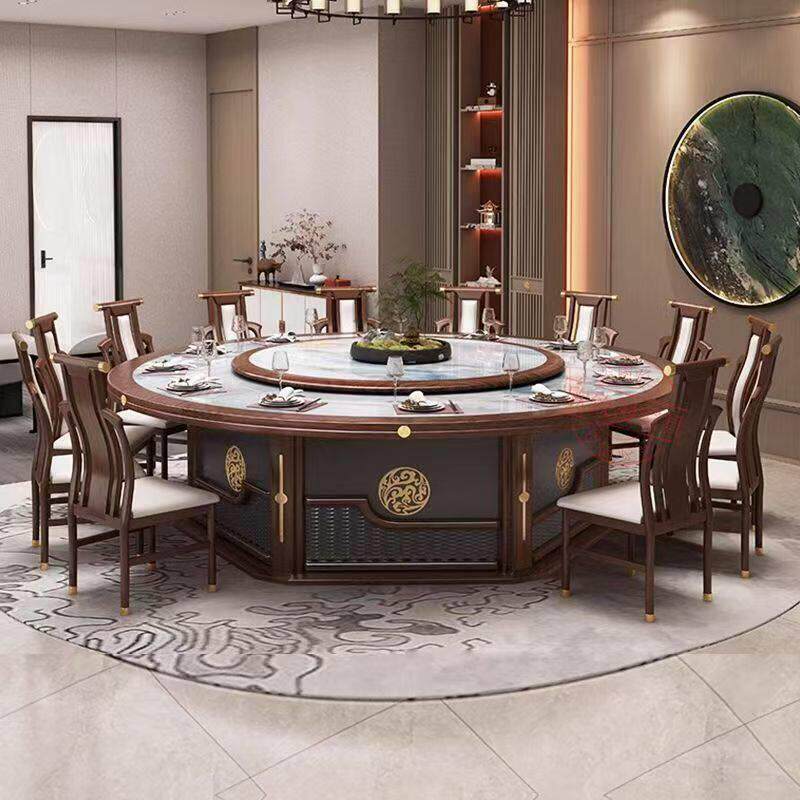 酒店大圆桌电动餐桌新中式实木岩板火锅桌子饭店会所包厢20人饭桌