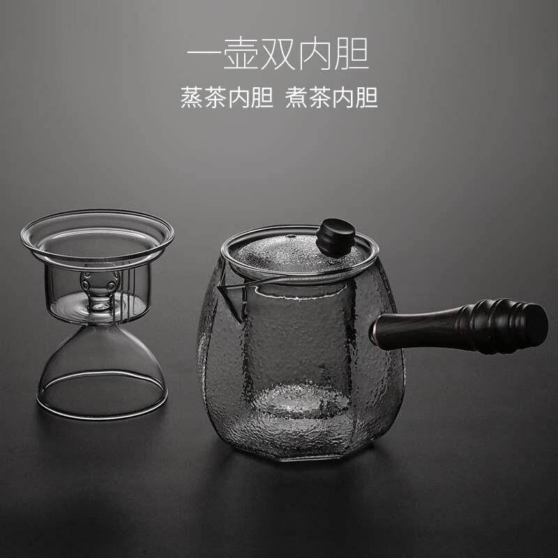 新款直销耐热玻璃黑茶蒸汽煮茶壶 电陶炉蒸茶木柄侧把过滤泡茶玻