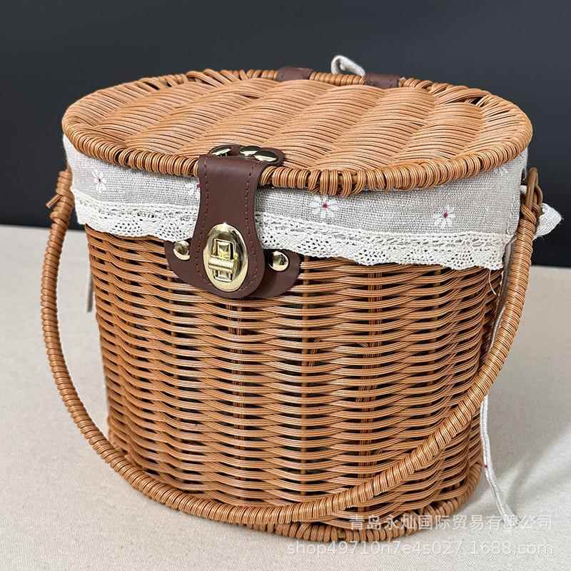 现货仿藤编收纳筐带盖内衬折叠手提野餐篮子车筐放水果手工编织篮