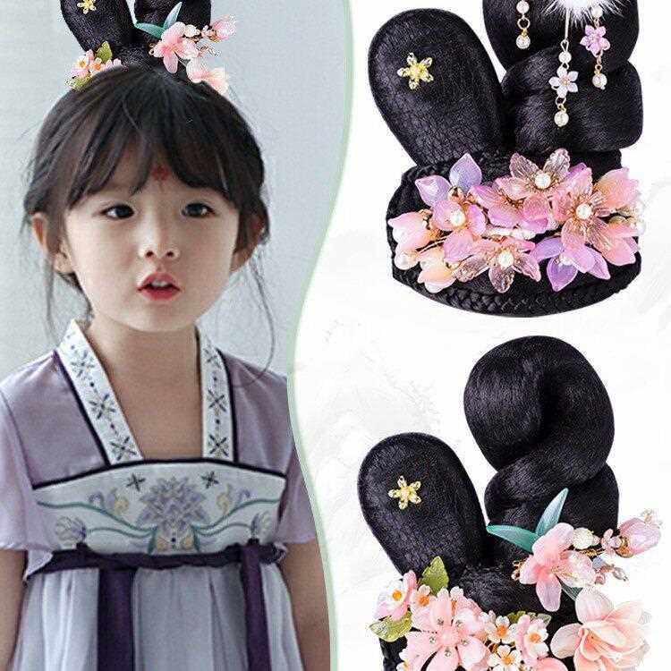 新款直销儿童汉服假发女童发髻发包古风古典舞古装头饰唐装表演舞