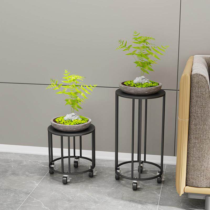 简约落地式客厅圆形铁艺花架鱼缸架 地面花盆架带轮可移动置物架