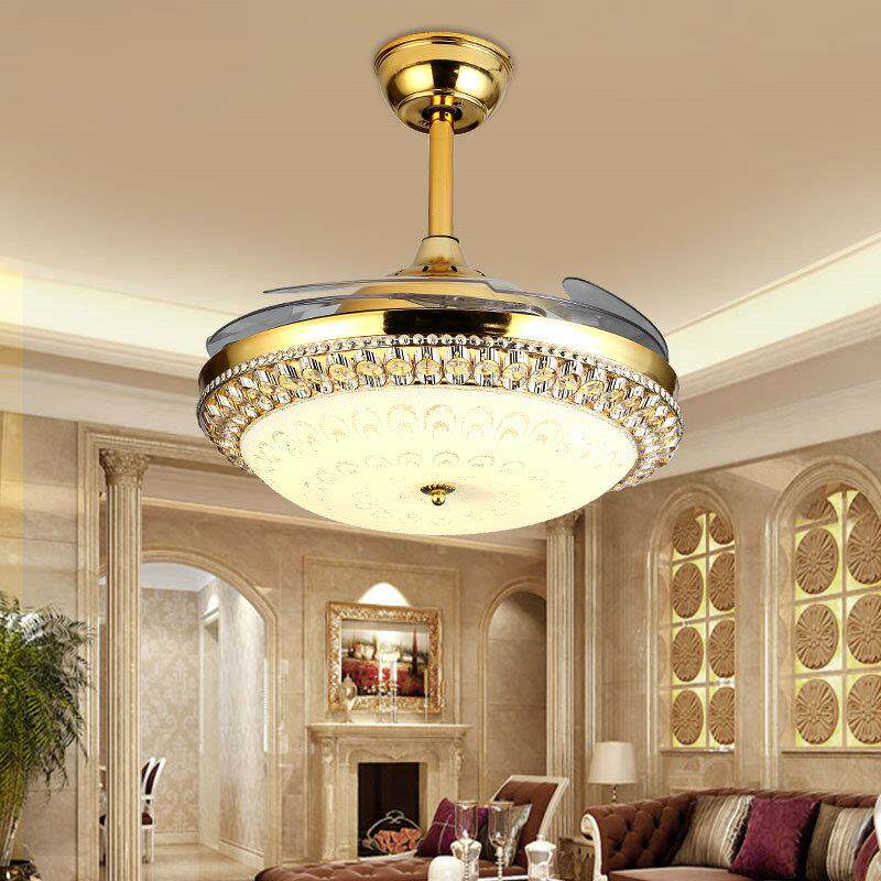 吊扇灯餐厅客厅卧室隐形风扇灯带电扇的家用电风扇吊灯金色水晶灯