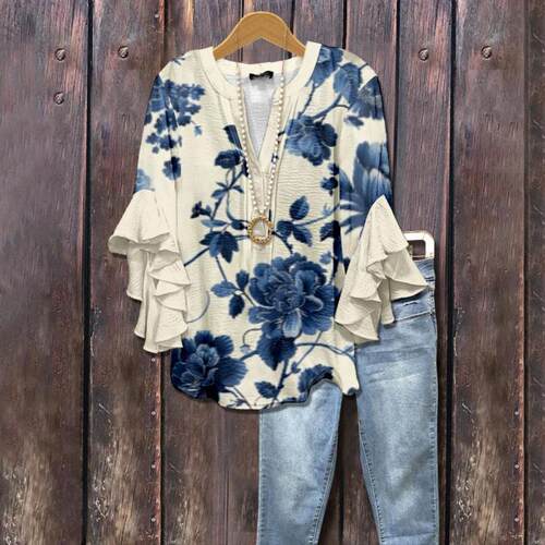 Bubble wrinkled floral element V-neck lotus edge T-shirt
