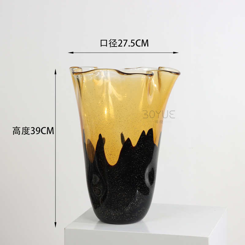 家居手工琉璃花瓶拼接创意黑色茶色口摆件花瓣大口装软简约现代径